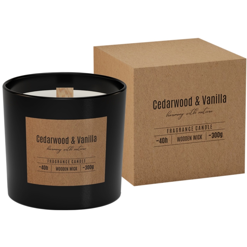 Lumânare parfumată în sticlă, cu fitil din lemnCedarwood Vanilla, 300g, 11 cm