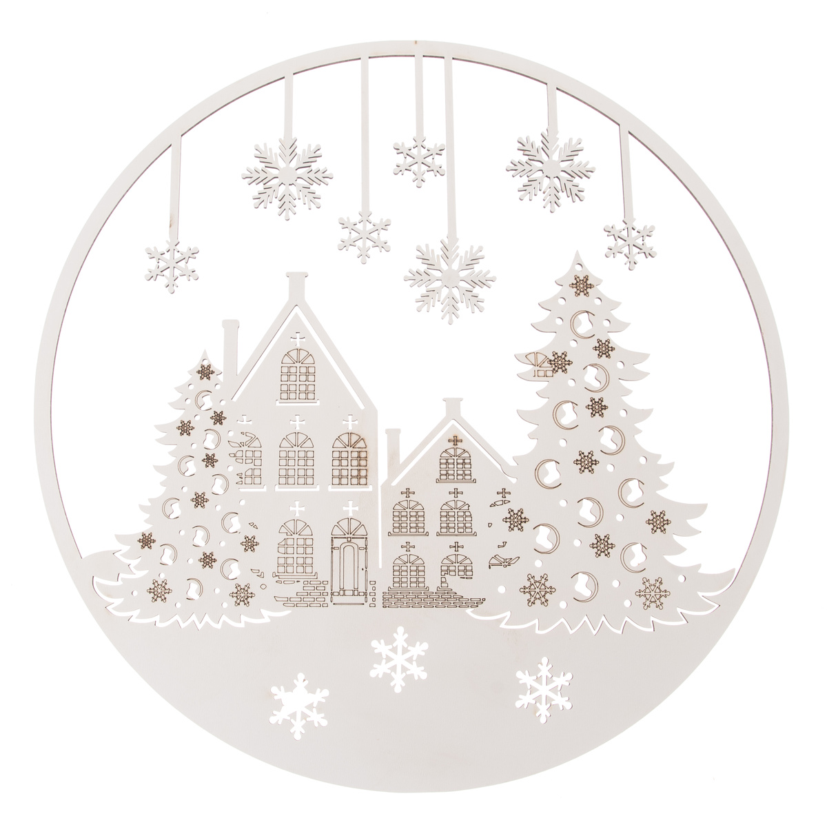 Dřevěná vánoční dekorace na stěnu Vločky, 37 cm