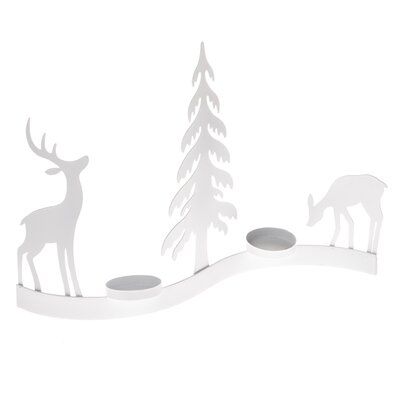 Metalowy świecznik na świeczki podgrzewacze Renifery w lesie, biały, 31,5 x 19,5 cm
