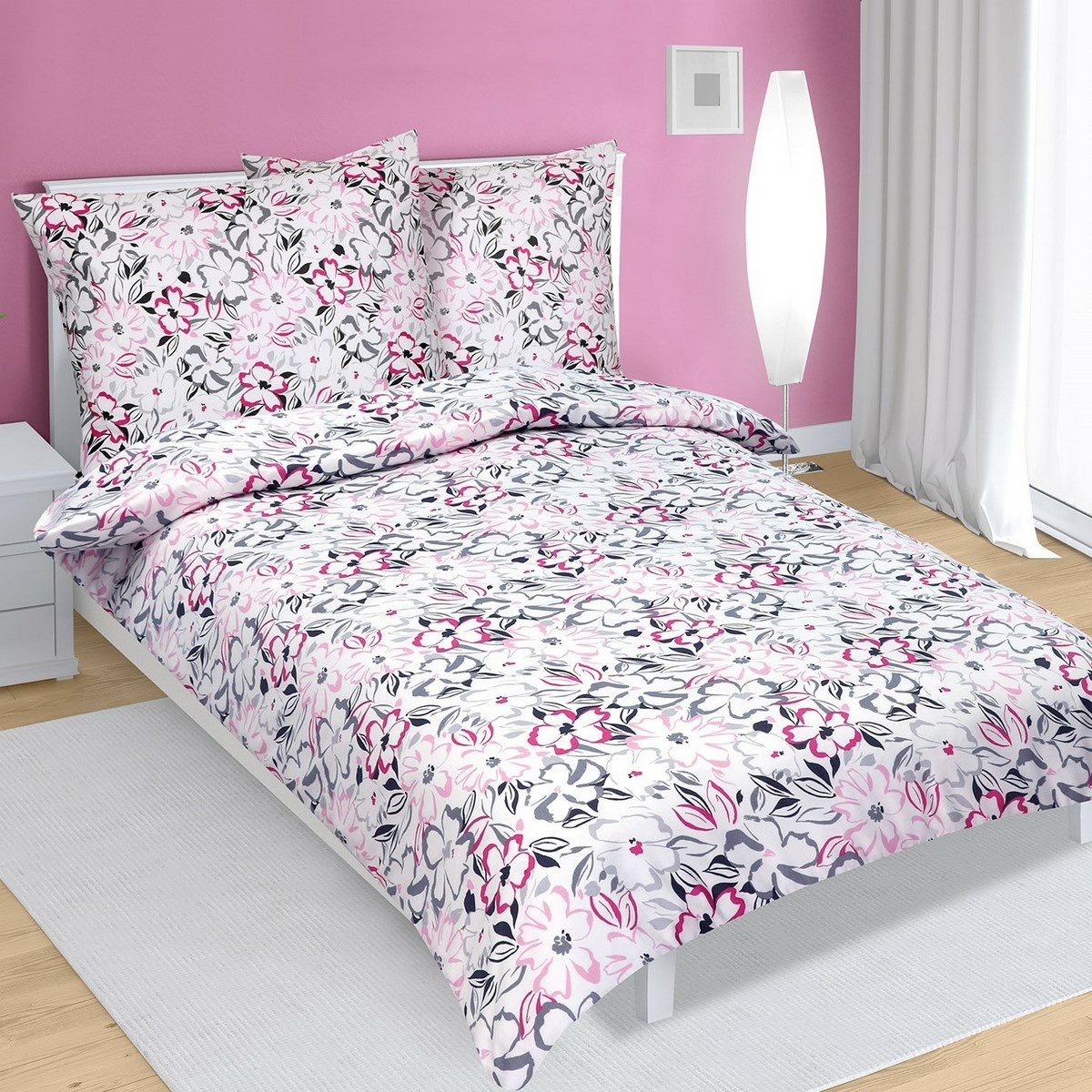 Lenjerie de pat din satin Flori roz, 140 x 220 cm, 70 x 90 cm