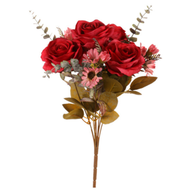 Umetni šopek vrtnice z evkaliptusom rdeč, 35 cm