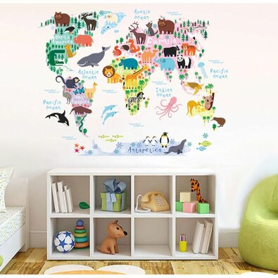Decorațiune autocolantă Harta Lumii cu animale  pentru copii, 90 x 70 cm