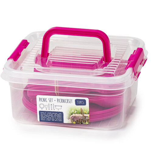 Plastični pribor Piknik, 31 kosov, roza