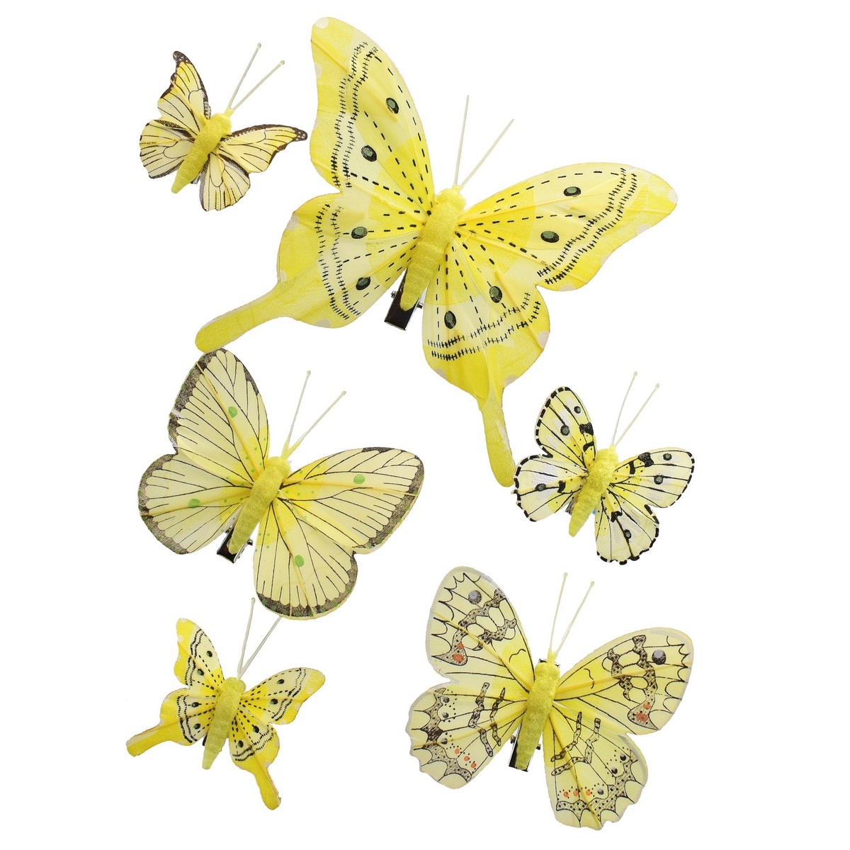 Fotografie Sada žlutých motýlků se skřipcem, 6 ks, mix velikostí
