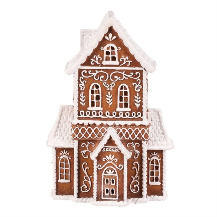 Vánoční dekorace Perníkový kostelík, polyresin, LED, hnědá