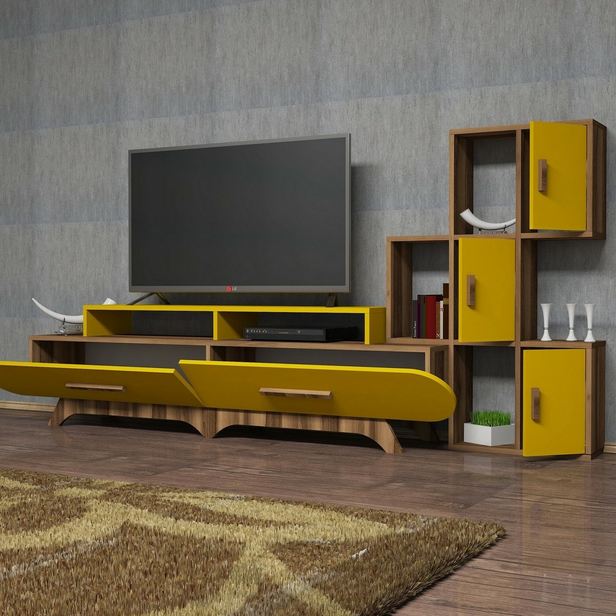 Televízny stolík so skrinkou Flora S Yellow and Walnut