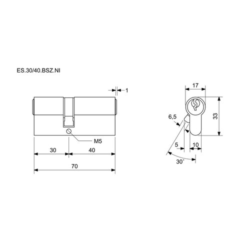 Richter ES.30/40.BSZ.NI wkładka cylindryczna ze złączem przelotowym 30+40 mm, 6 kluczy