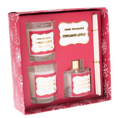 Darilni set Cimet in jabolko, 16,6 x 16,6 x 5,7cm, difuzor + 2x dišeča sveča