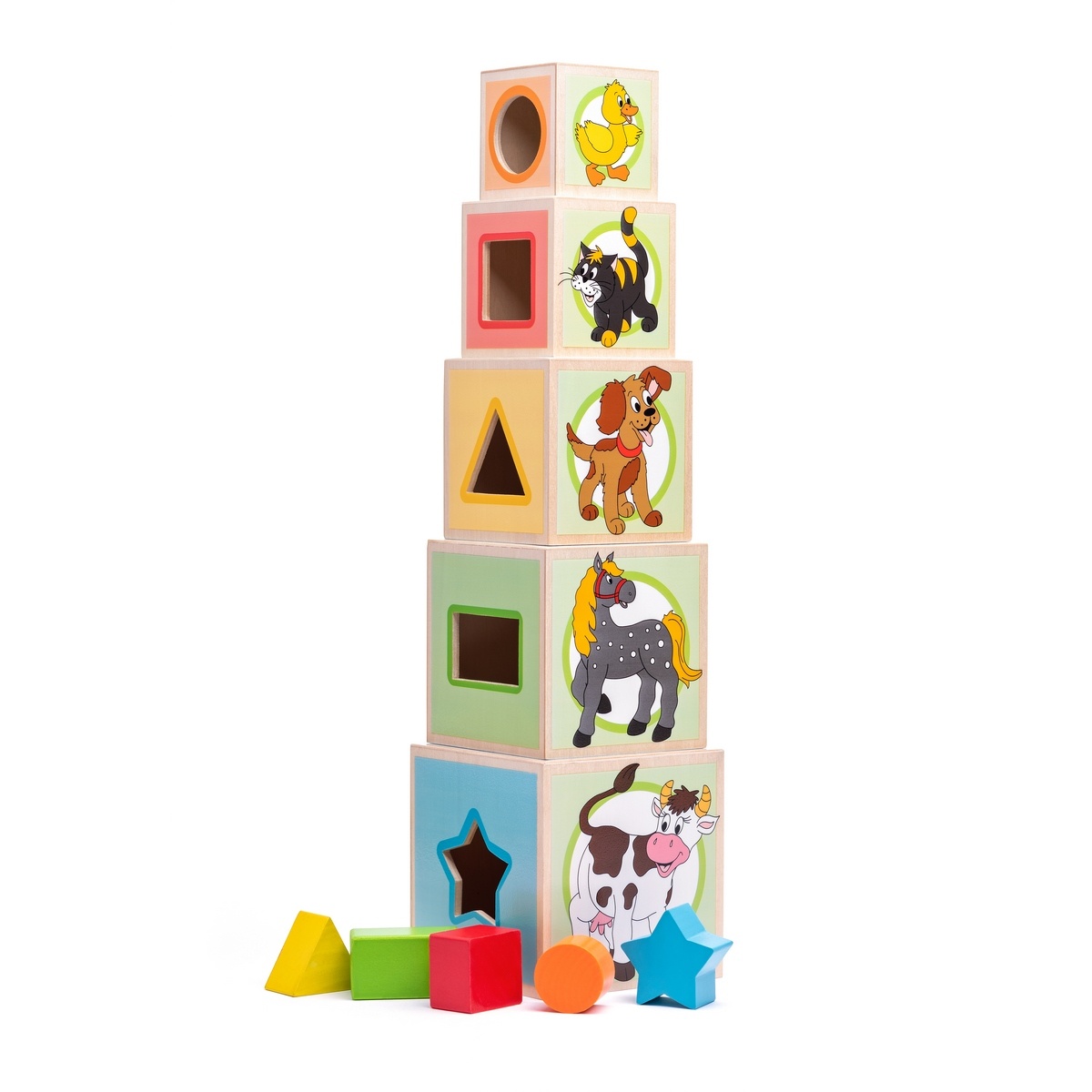 Fotografie Woody Věž s pěti kostkami Zvířátka, 10,6 x 41 cm