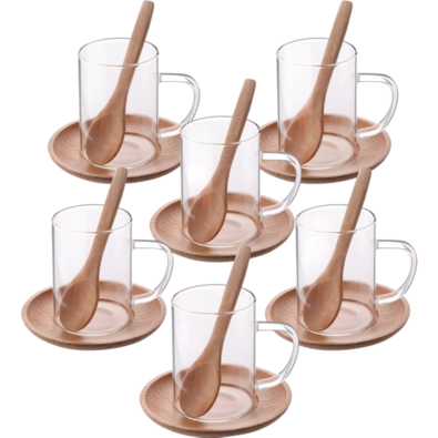 Set de 6 cești de sticlă cu farfurioare din lemnși lingurițe Silvan 200 ml