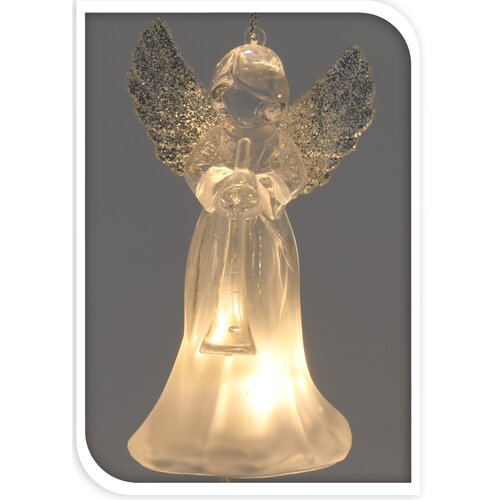 Decorațiune agățată LED Înger cu lăută argintiu, 11,5 cm