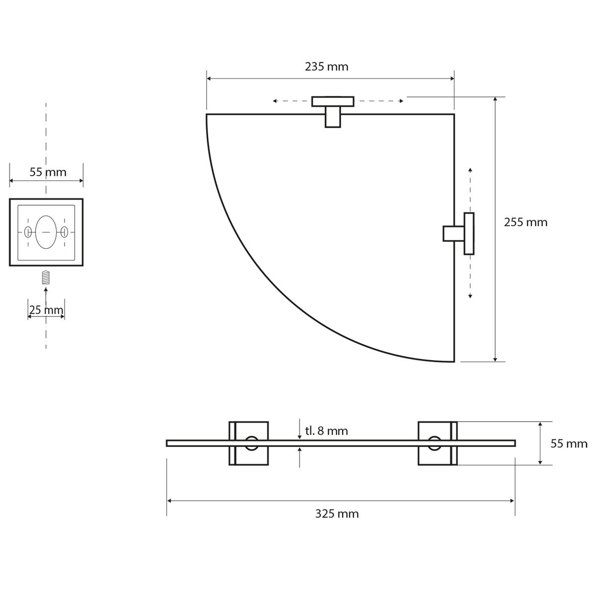 SAPHO XQ604 X-Square sarok üvegpolc 25 x 5,5 x 25cm, átlátszó termék 2. képe