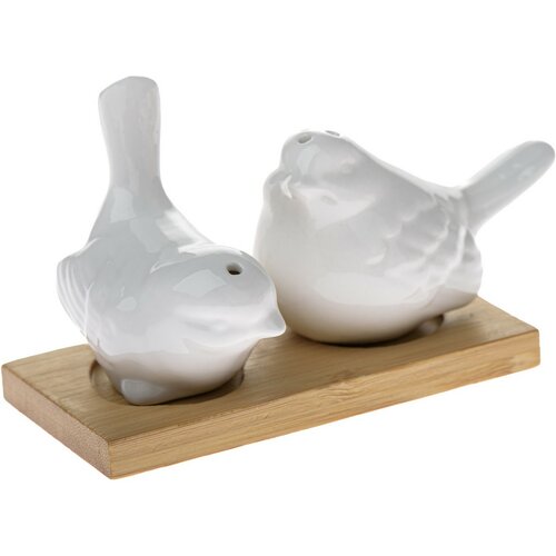 Porcelanowa solniczka i pieprzniczka z podstawką Ptaki