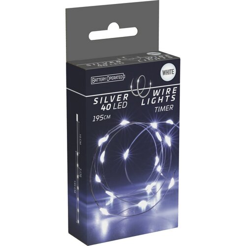 Svetelný drôt Silver, 2 m, 40 LED, studená biela, časovač, na batérie
