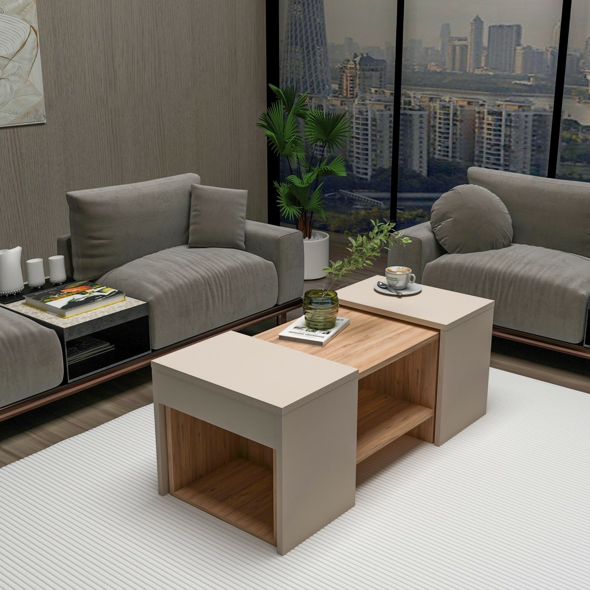 Súprava konferenčných stolíkov Sartos Beige and Atlantic Pine, 3 ks