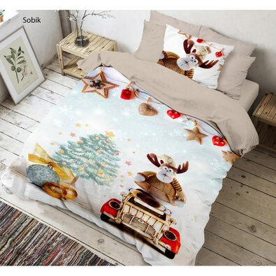 Lenjerie pat din bumbac Kvalitex Renul de Crăciun 3D, 140 x 200 cm, 70 x 90 cm