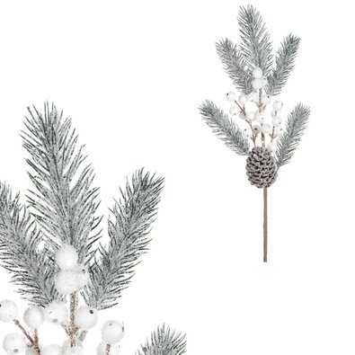 Sztuczna gałązka z białymi jagodami i szyszką, 35 cm
