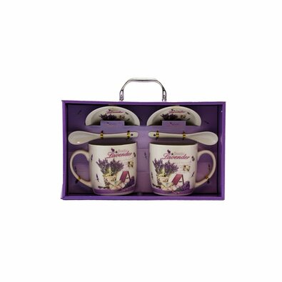 Darčeková sada porcelánového hrnčeka s tanierikom a lyžičkou Beautiful Lavender, 2 ks