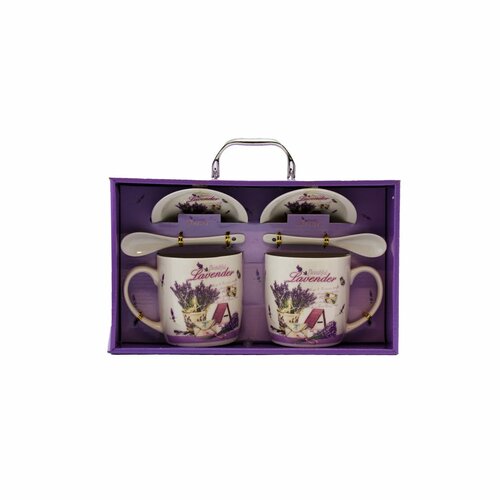 Darčeková sada porcelánového hrnčeka s tanierikom a lyžičkou Beautiful Lavender, 2 ks