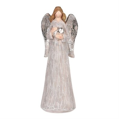 Dekoracja Anioł ze srebrnymi skrzydłami i sercem, polyresin, szary