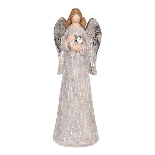 Dekorácia Anjel so striebornými krídlami a srdcom, polyresin, sivá