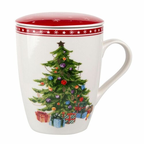 Altom Kubek porcelanowy z pokrywką i sitkiem Christmas tree, 300 ml