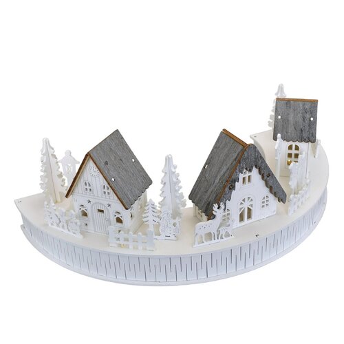 Drewniana dekoracja LED z wioską i domkami, 40 x14 x 20 cm, półokrągła