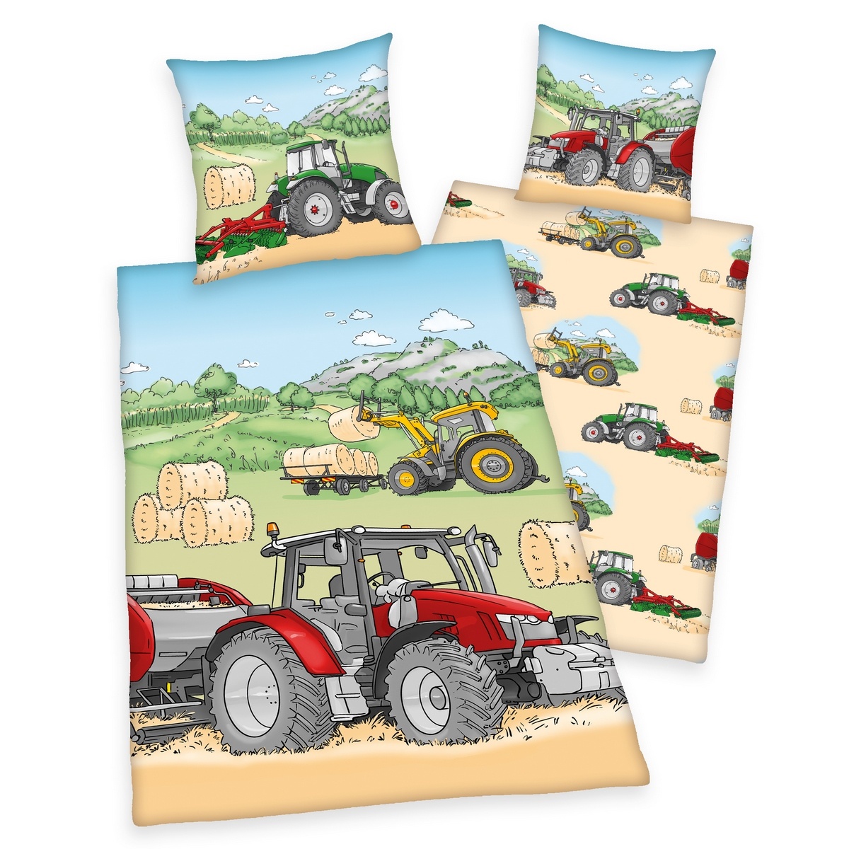 Lenjerie de pat copii, din bumbac, Tractor, 140 x 200 cm, 70 x 90 cm 140