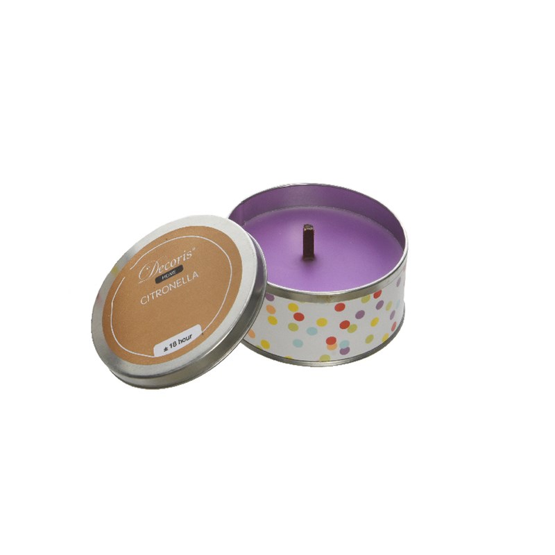 Repelentná sviečka Citronella v plechu fialová, 10 cm