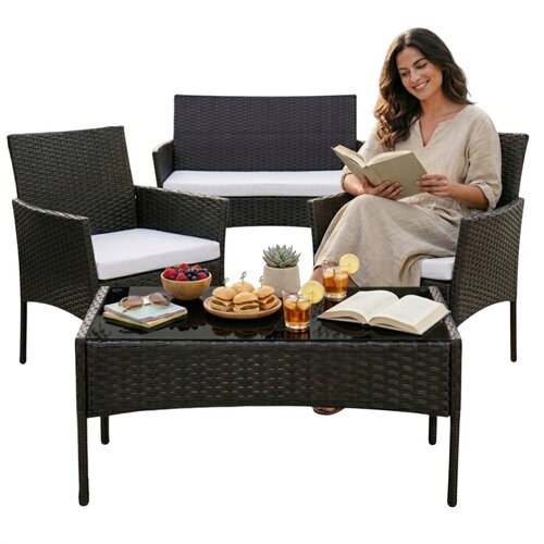 Aldotrade Rattanowy zestaw ogrodowy GardenLine, czarny + kremowe siedziska