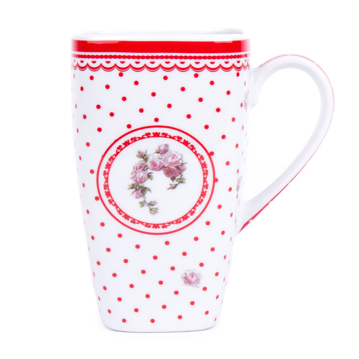 Hrnček hranatý s lyžičkou Country bodka 600 ml, červená