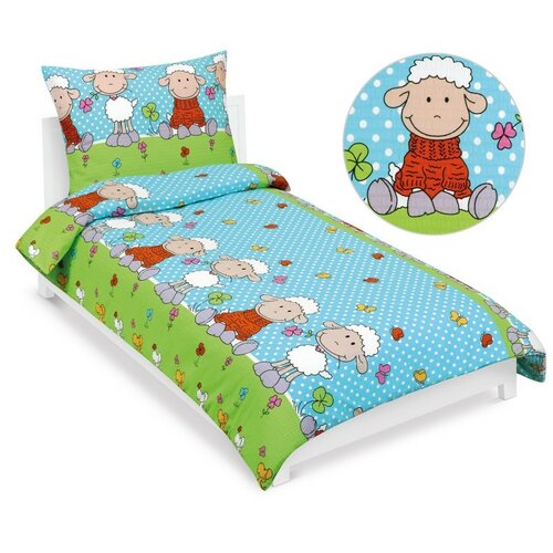 Bellatex Дитяча крепова постільна білизна Овечка синя, 140 x 200, 70 x 90 см