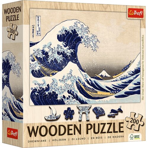 Trefl Drevené puzzle 200 - Veľká vlna pri pobreží Kanagawy - Hokusai Katsushika