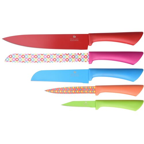 Set 5 buc cuţite cu huse şi 4 blaturi tăiere, mix de culori