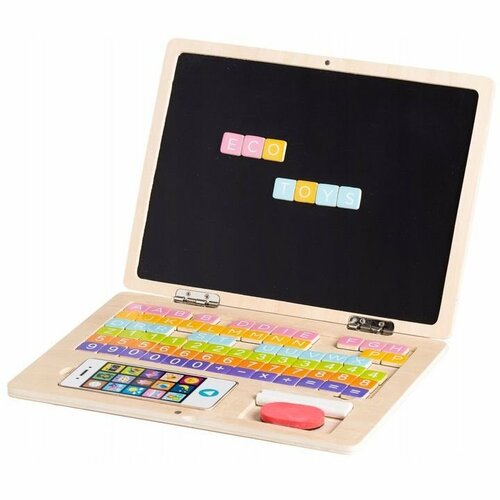 Ecotoys Dřevěný notebook s magnetickým monitorem, 30 x 22 x 22 cm