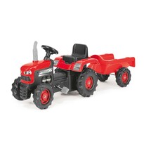 Dolu gyermek pedálos traktor pótkocsival, piros