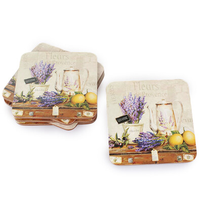 Podkładki pod kubki z korka Lavender de Provence, 10 x 10 cm, komplet 6 szt.