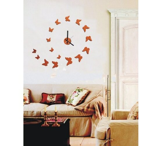 Nástenné hodiny samolepiace motýle, oranžová, 50 x 60 cm