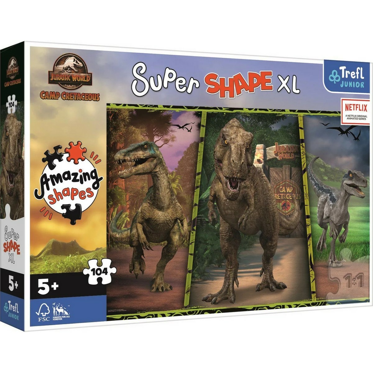 Trefl Puzzle 104 XL Super Shape Barevní dinosauři/Jurassic World 60x40cm v krabici 40x27x6cm
