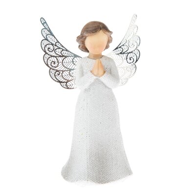 Înger cu aripi din metal, din poliresină alb, 12 x 7 cm