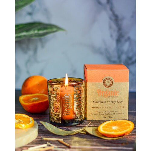 Organska kadilna sveča Mandarin &amp; Bay Leaf 200g v steklenem kozarcu z zlato folijo