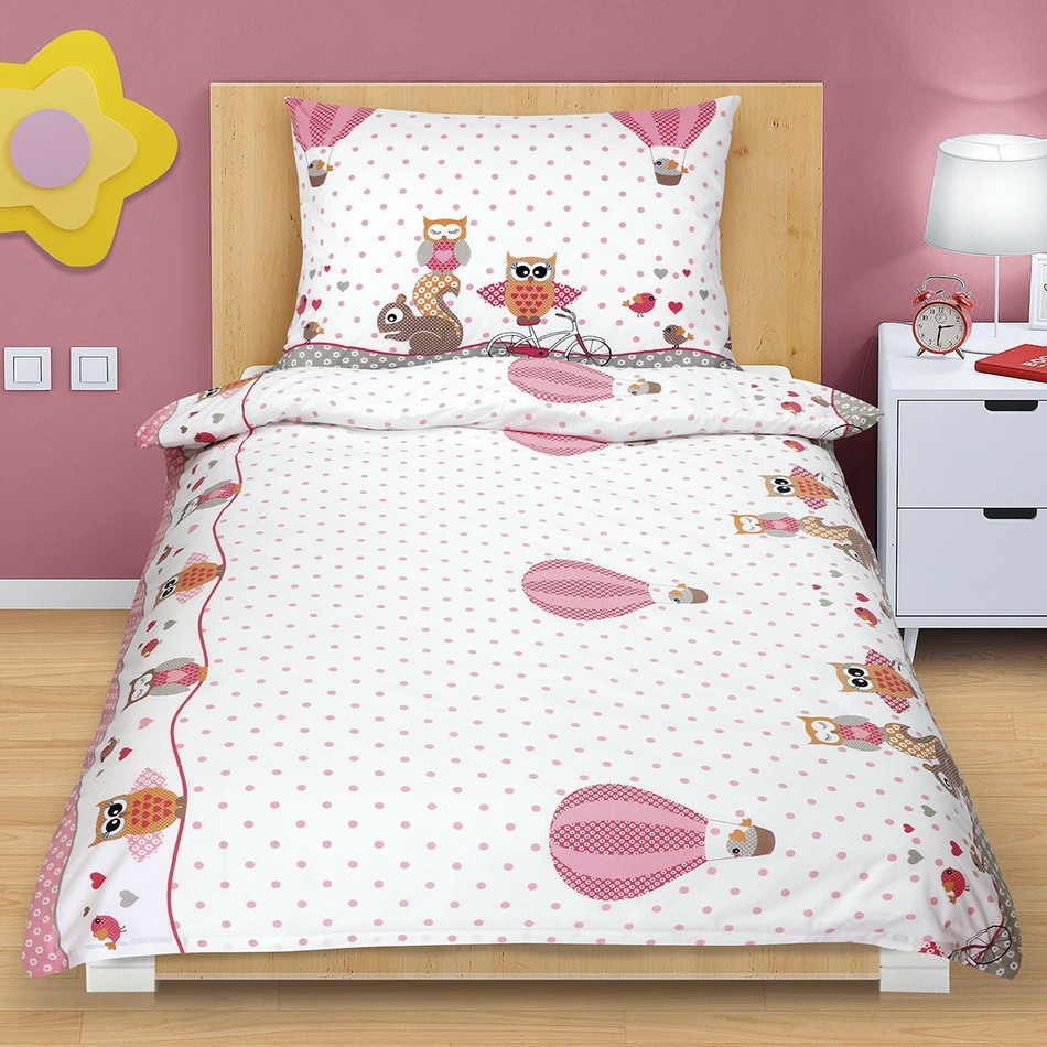 Poza Lenjerie de pat din bumbac Bufnita roz, 140 x 200, 70 x 90 cm