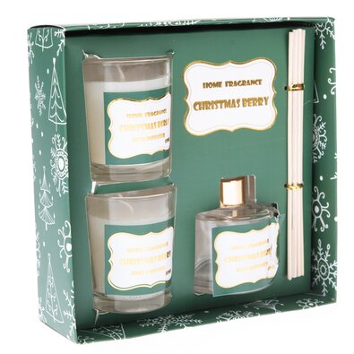 Darilni set Božične jagode, 16,6 x 16,6 x 5,7 cm,difuzor + 2x dišeča sveča