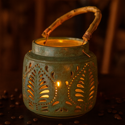 Latarnia porcelanowa z uchwytem bambusowym 14,5 x 14 cm, zielony