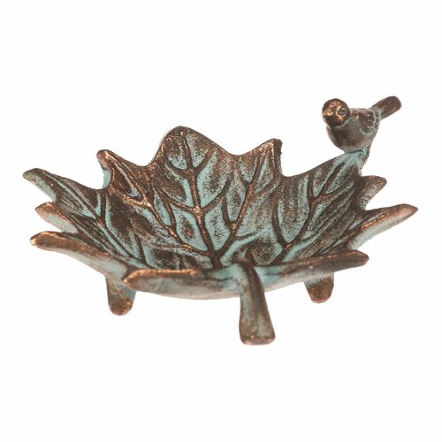 Metalltränke Ahornblatt mit Vogel Romance, 17 x 16 x 6 cm, kupferfarben
