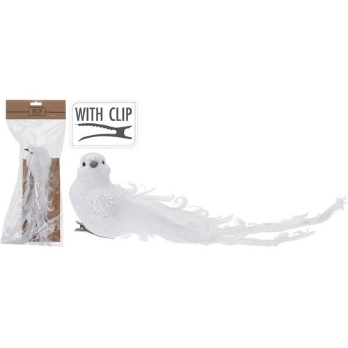 Vánoční dekorace Bílý ptáček na klipu, 23 cm