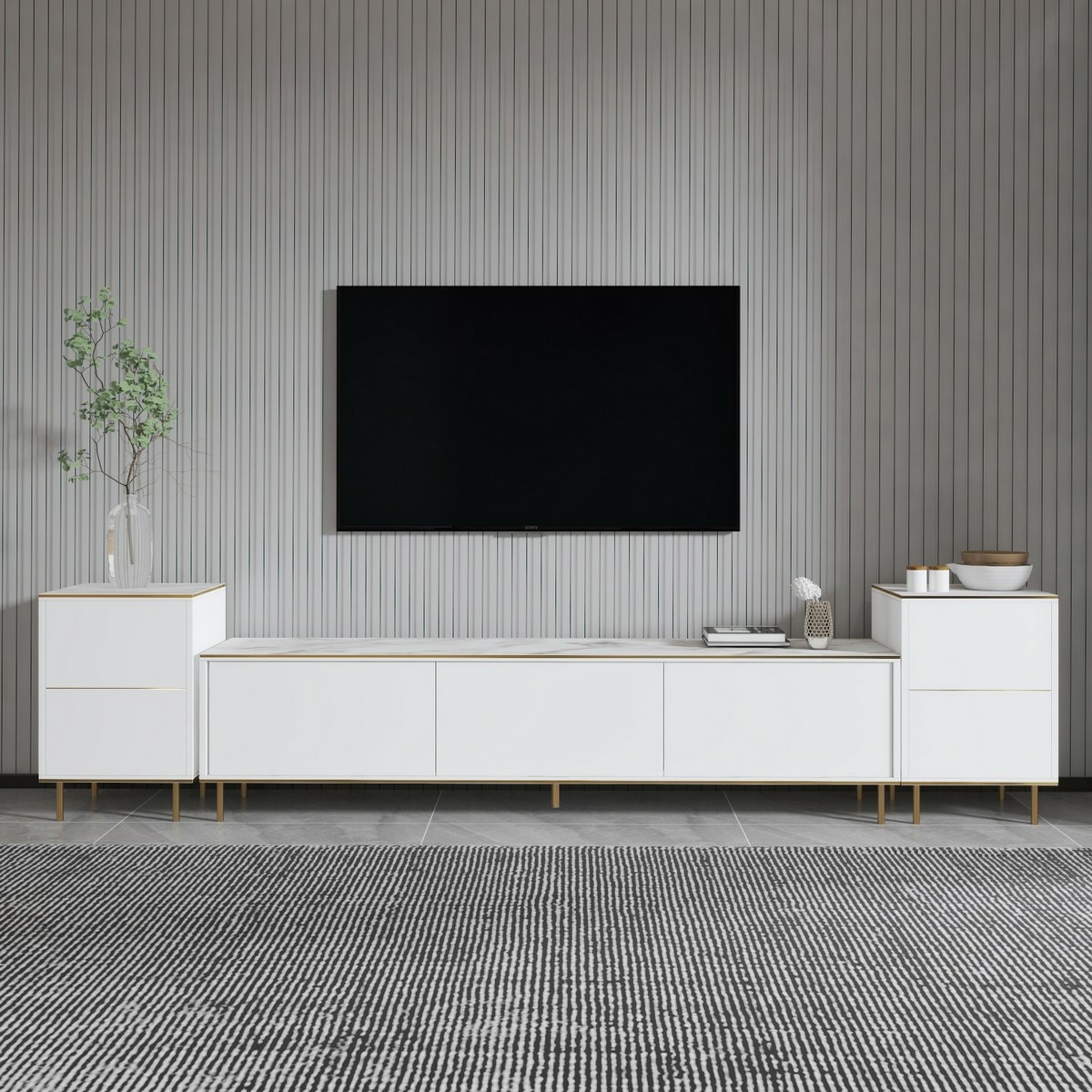 Televízny stolík so skrinkami Imej White Marble and Gold