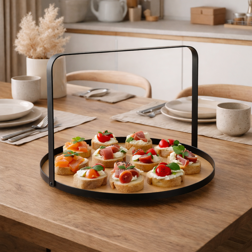 Tavă rotundă din bambus cu mâner metalic EH, 35 cm