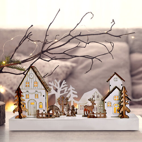 Solight LED karácsonyi falu, 34 x 17 cm, fa, 4 LED, 2x AA