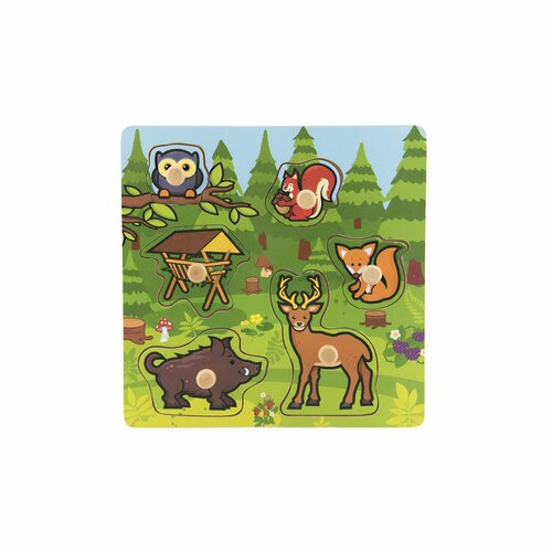 Joc de potrivire din lemn „Primele mele animale de pădure”, 6 piese, 22,5 x 22,5 x 2,5 cm, 12 luni+